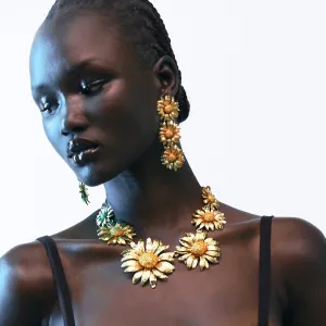 Women Fashion Exaggerated Sun Floral Earrings Necklace Set Alloy