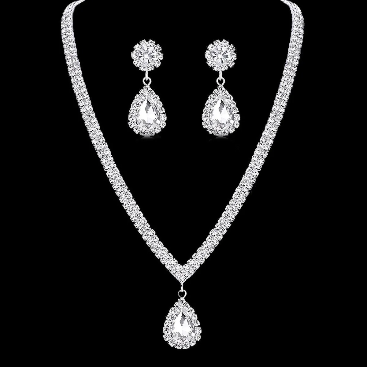 Women Fashion Elegant Rhinestone Water Drops Earrings Necklace Set