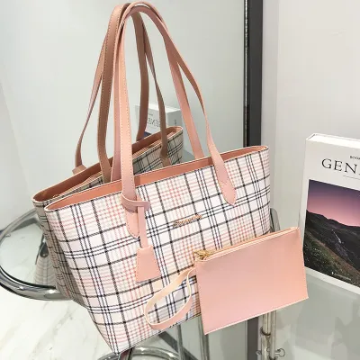 Women Fashion Casual Plaid Printed Tote Bag Set PU Shoulder Bags