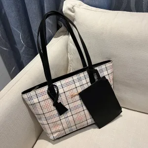 Women Fashion Casual Plaid Printed Tote Bag Set PU Shoulder Bags