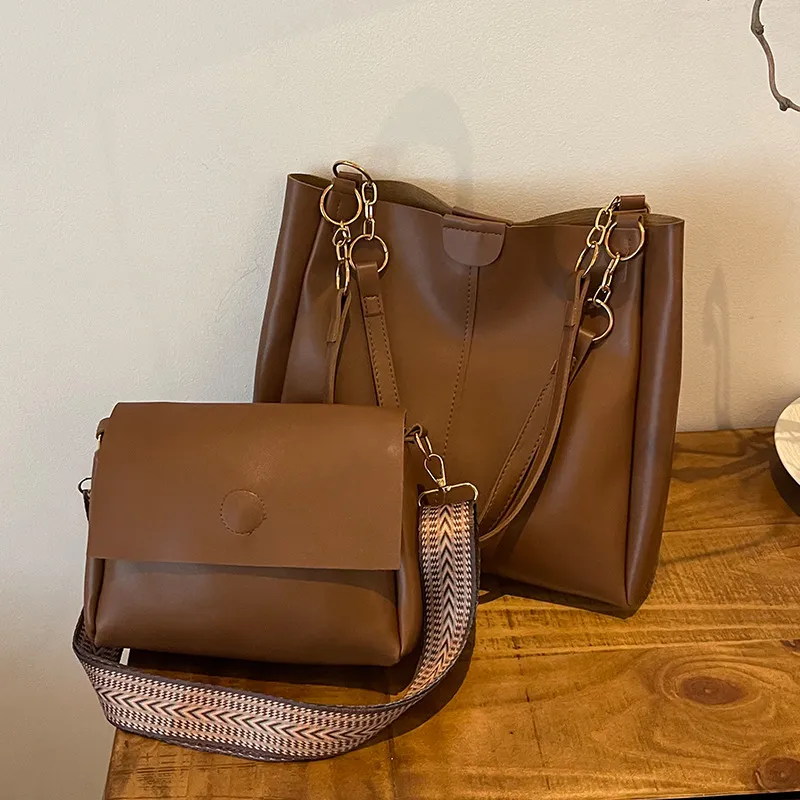 Women's Fashion Simple Solid Color Large Capacity PU Tote Bag Two-Piece Set
