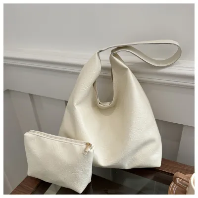 Women Retro Solid Color Large Capacity Tote Bag Two-Piece Shoulder Bag Set