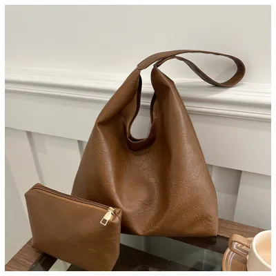Women Retro Solid Color Large Capacity Tote Bag Two-Piece Shoulder Bag Set