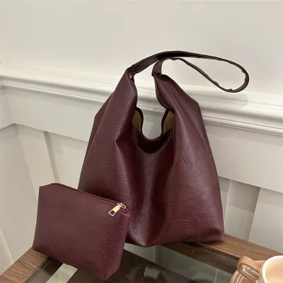 Women Retro Simple Solid Color Large Capacity Tote Bag Two-Piece Bag Set