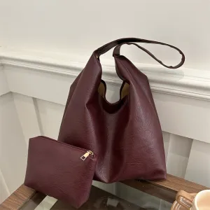 Women Retro Solid Color Large Capacity Tote Bag Two-Piece Shoulder Bag Set