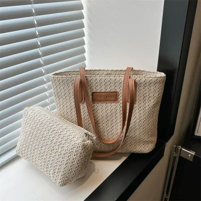 Women Fashion Casual Straw Tote Bag Two-Piece Bag Set