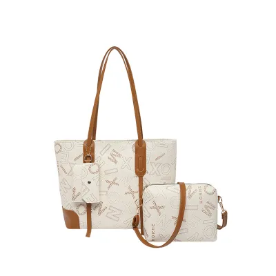 Women Fashion Letter Printed Large Capacity PU Tote Shoulder Bag Three-Piece Set