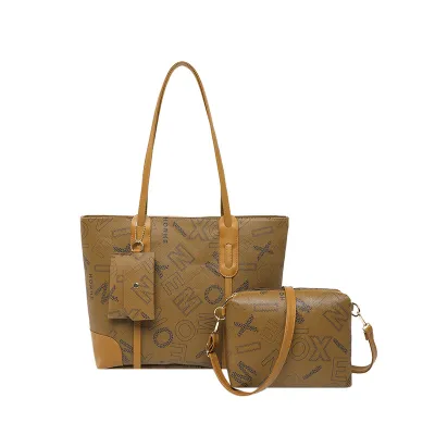 Women Fashion Letter Printed Large Capacity PU Tote Shoulder Bag Three-Piece Set