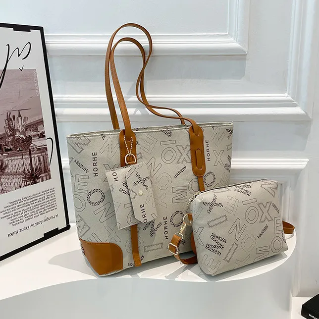 Women Fashion Letter Printed Large Capacity PU Tote Shoulder Bag Three-Piece Set