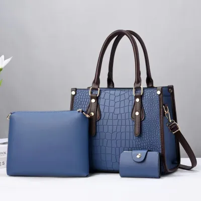 Women Fashion Casual Solid Color Stone Pattern Large Capacity Handbag Three-Piece Bag Set