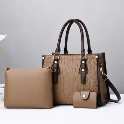 Women Fashion Casual Solid Color Stone Pattern Large Capacity Handbag Three-Piece Bag Set