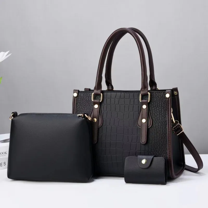 Women Fashion Casual Solid Color Stone Pattern Large Capacity Handbag Three-Piece Bag Set