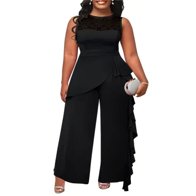 Women Plus Size Solid Color Lace Stitching Sleeveless Loose Jumpsuit