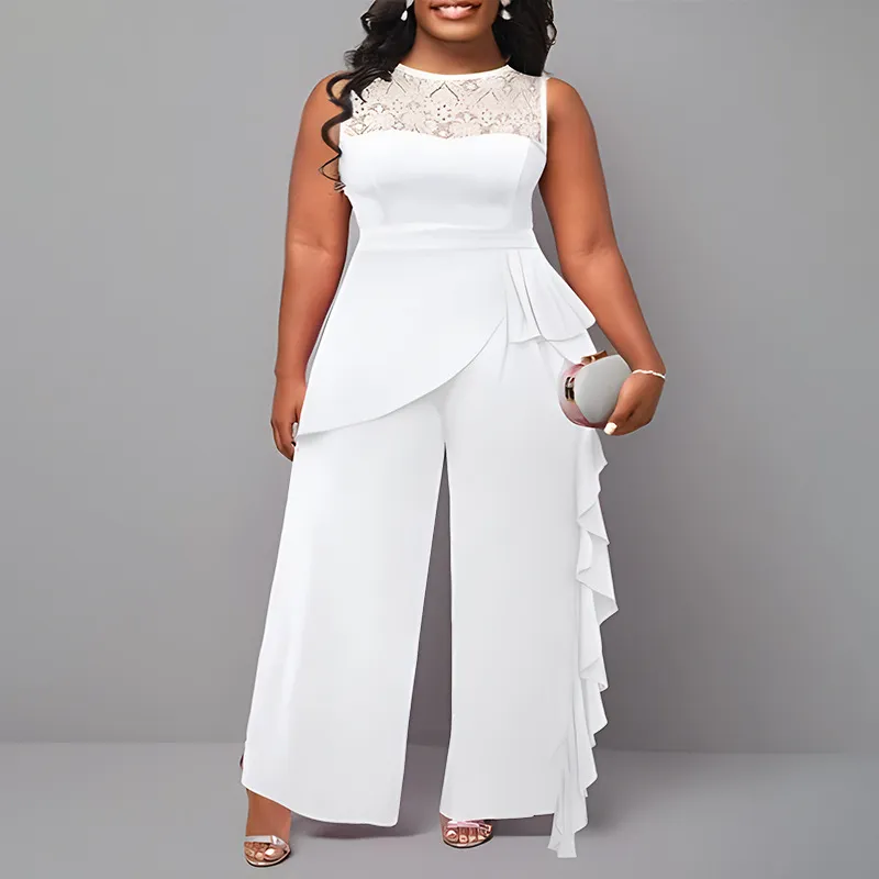 Women Plus Size Solid Color Lace Stitching Sleeveless Loose Jumpsuit