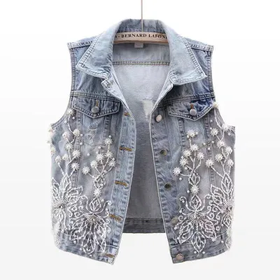 Women Fashion Casual Lace Beaded Sleeveless Denim Vest