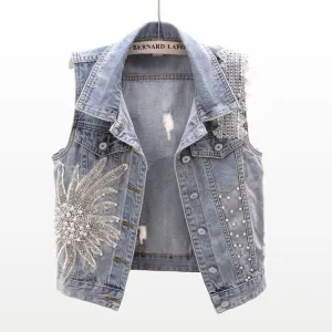 Women Fashion Casual Lace Beaded Sleeveless Denim Vest