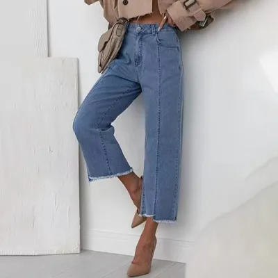 Vaqueros rectos de cintura alta informales a la moda para mujer