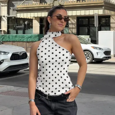 Women Fashion Sexy Dot Print Slanted Shoulder Backless Tank Top