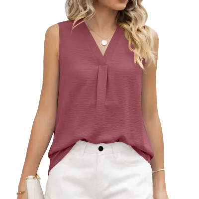 Women Casual Solid Color Ice Silk Chiffon V-Neck Sleeveless Loose Tank Top