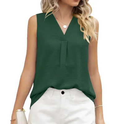 Women Casual Solid Color Ice Silk Chiffon V-Neck Sleeveless Loose Tank Top