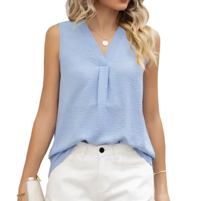 Women Casual Solid Color Ice Silk Chiffon V-Neck Sleeveless Loose Tank Top