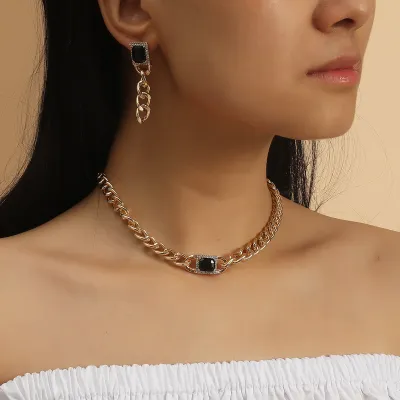 Hip Hop Punk Metal Thick Chain Necklace Earrings Sets