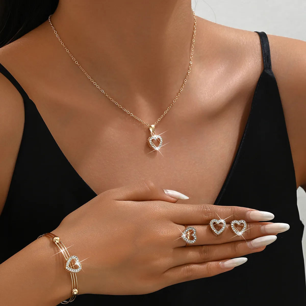 Fashion Rhinestone Heart Shape Necklace Earrings Bracelet Ring Sets