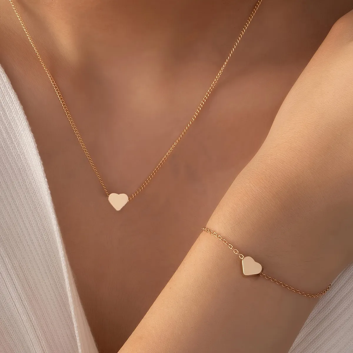 Simple Heart Necklace And Bracelet Sets