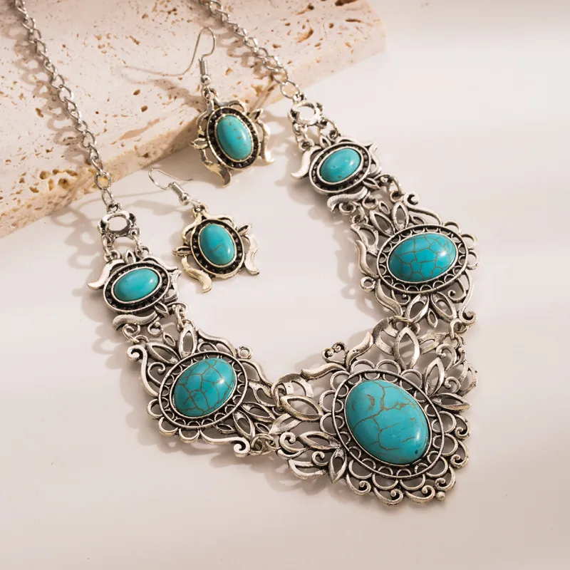Exaggerated Retro Turquoise Necklace Earrings Jewelry Sets