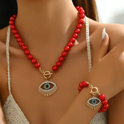 Fashion Simple Beaded Evil Eye Necklace Bracelet Sets