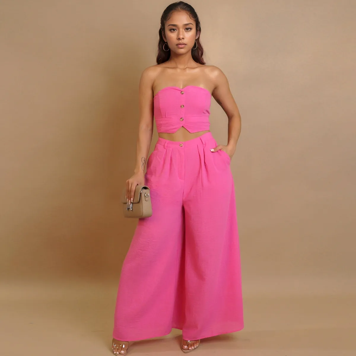 Women Fashion Solid Color Strapless Top And Wide Leg Pants Set