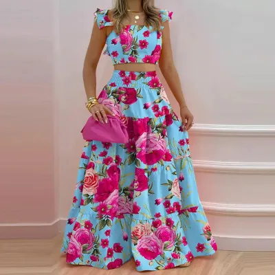 Women Fashion Solid Color Ruffled Top And Skirt Two-Piece Set