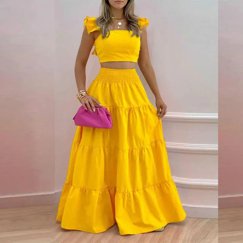 Women Fashion Solid Color Ruffled Top And Skirt Two-Piece Set