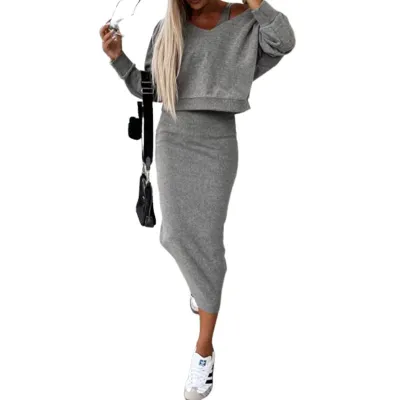 Women Autumn Winter Fashion Solid Color Hoodie And Midi Dress Two-Piece Skirt Set