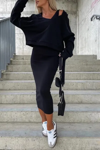 Women Autumn Winter Fashion Solid Color Hoodie And Midi Dress Two-Piece Skirt Set
