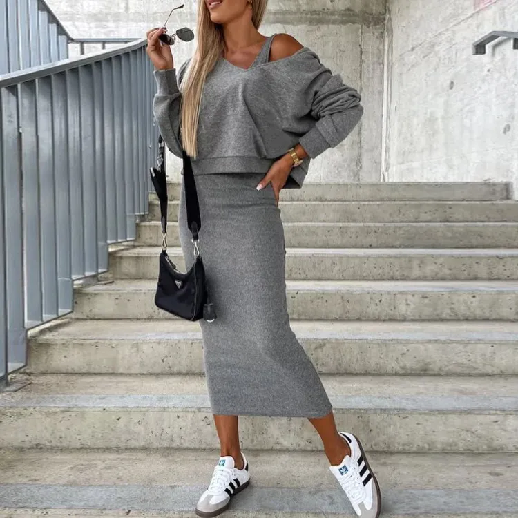 Women Autumn Winter Fashion Solid Color Hoodie And Midi Dress Two-Piece Skirt Set