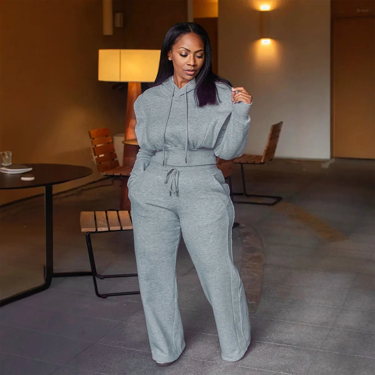 Women Athleisure Autumn Winter Solid Hoodie Pants Set Elegant Wind