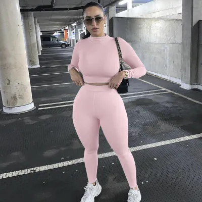 Autumn Winter Women Athleisure Solid Color Long Sleeve Top Pants Two-Piece Set