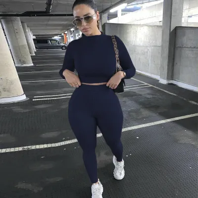 Autumn Winter Women Athleisure Solid Color Long Sleeve Top Pants Two-Piece Set