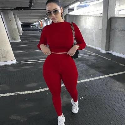 Autumn Winter Women Athleisure Solid Color Long Sleeve Top Pants Two-Piece Set