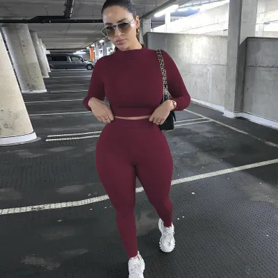 Autumn Winter Women Athleisure Solid Color Long Sleeve Top Pants Two-Piece Set