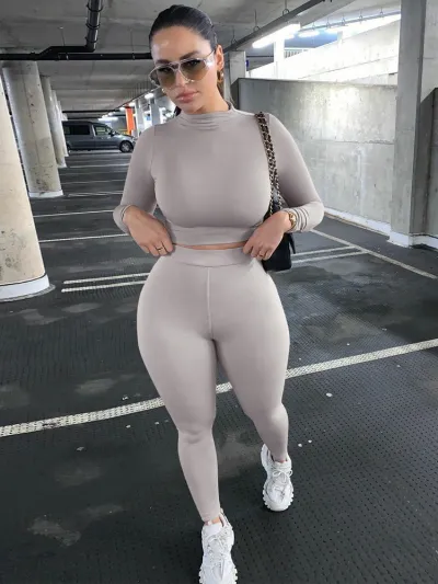 Autumn Winter Women Athleisure Solid Color Long Sleeve Top Pants Two-Piece Set