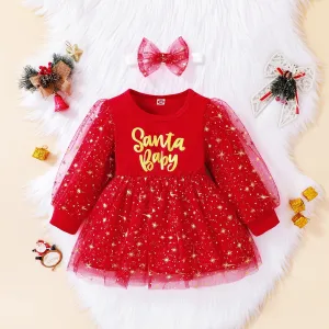 Kids Girls Christmas Mesh Splicing Princess Long-Sleeve Dress Hairband Two-Piece Set