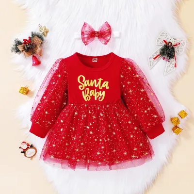 Kids Girls Christmas Mesh Splicing Princess Long-Sleeve Dress Hairband Two-Piece Set