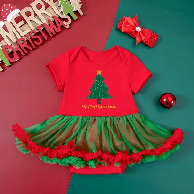 Kids Baby GirlS Christmas Dot Short-Sleeve Rompers Headband Two-Piece Set