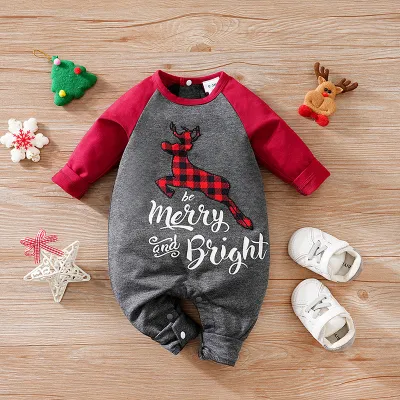 Kids Baby Autumn And Winter Christmas Santa Elk Print Long Sleeve Rompers