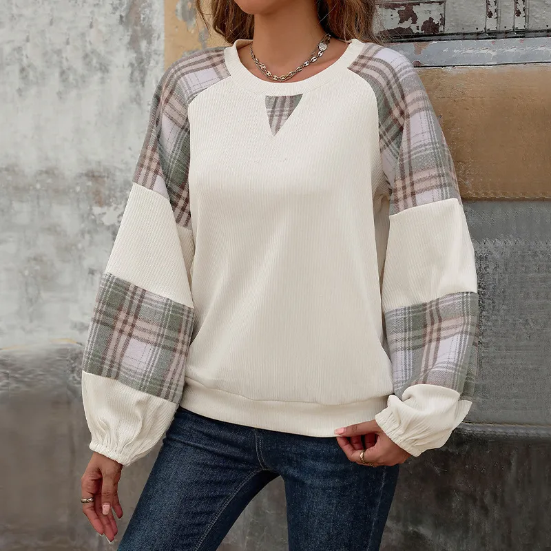 Women Casual Plaid Color-Block Loose Long-Sleeve Sweatshirt for Autumn Winter