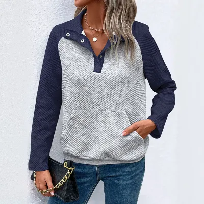 Women Casual Color-Block Lapel Long-Sleeve Sweatshirt for Autumn Winter