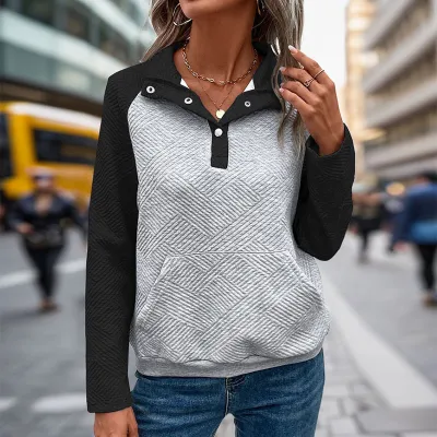 Women Casual Color-Block Lapel Long-Sleeve Sweatshirt for Autumn Winter