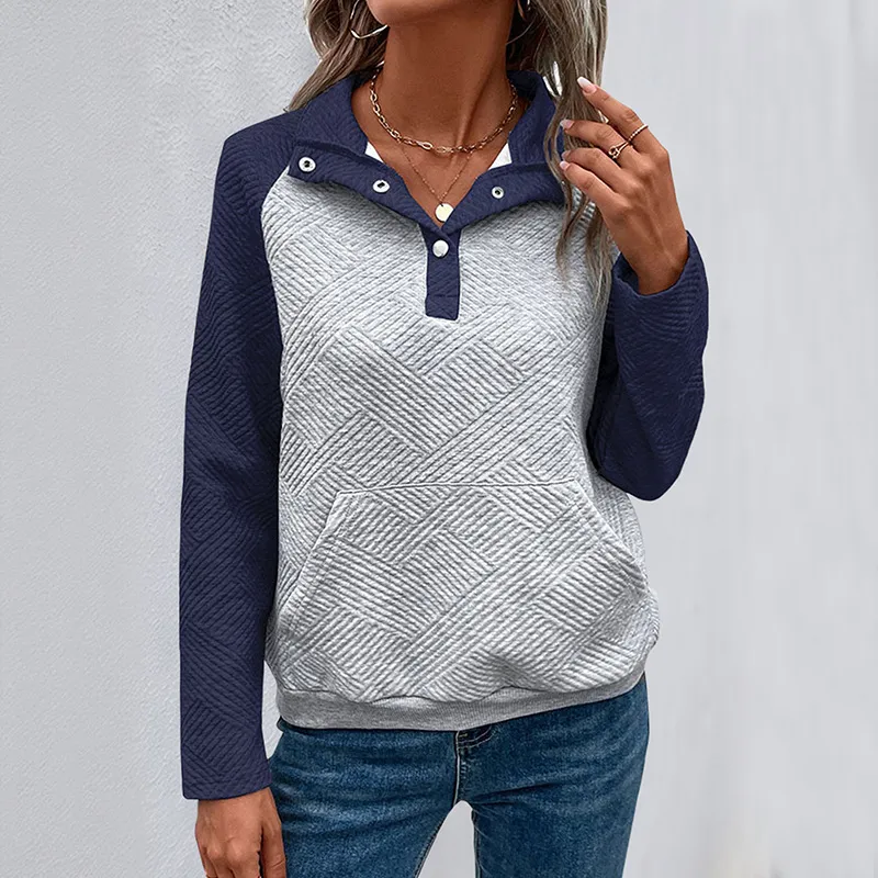 Women Casual Color-Block Lapel Long-Sleeve Sweatshirt for Autumn Winter